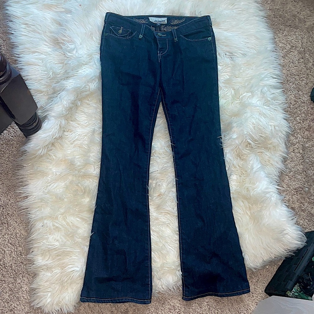 y2k extra low rise bootcut blue jeans